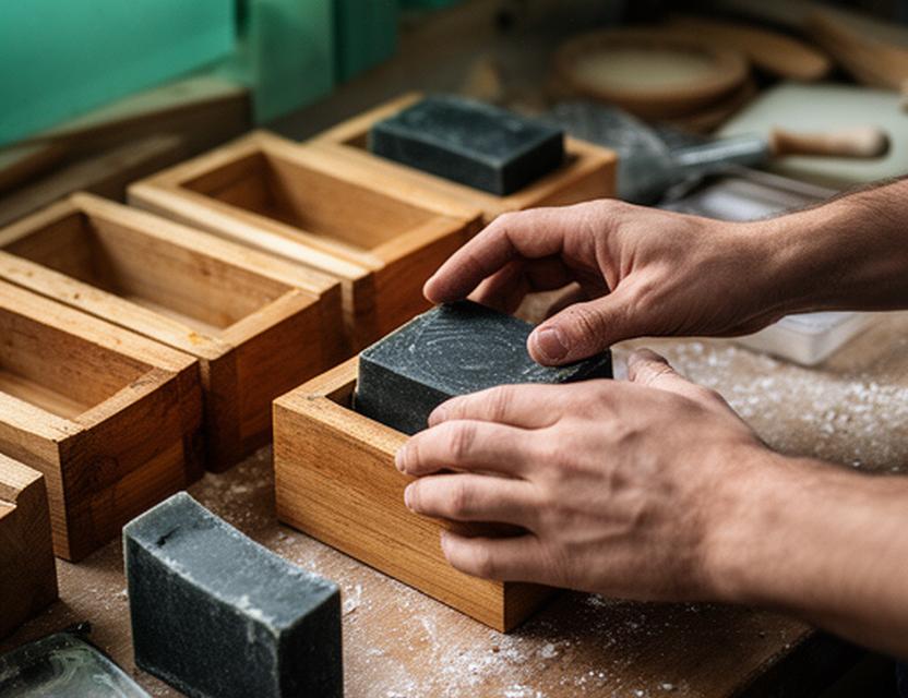 Manos trabajando jabón artesanal en un taller con moldes de madera y luz natural