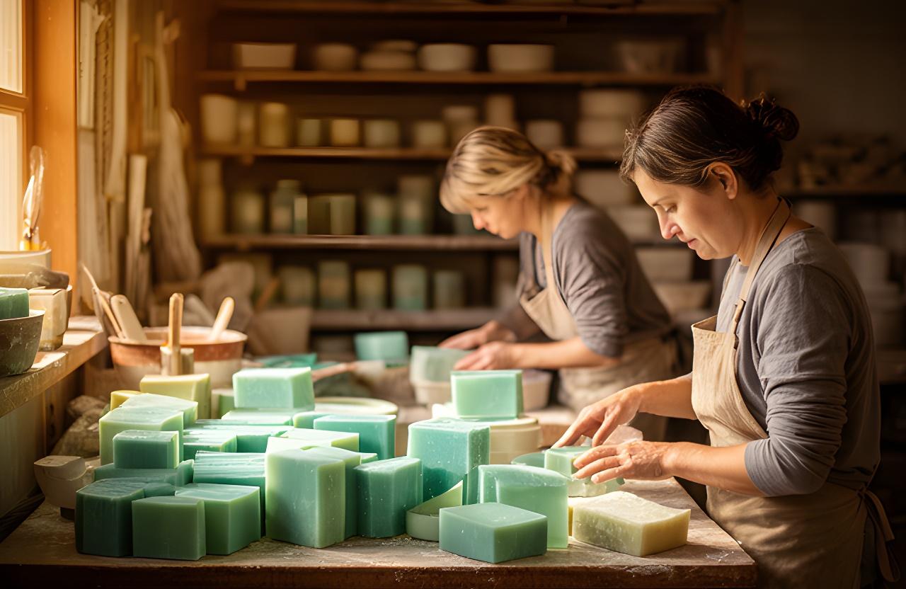 Familia jabonera trabajando en un taller artesanal de San Lorenzo con mesas de madera y jabones recién cortados