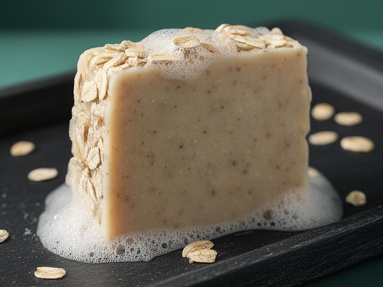 Jabón de avena artesanal en bandeja oscura con textura cremosa y partículas naturales visibles
