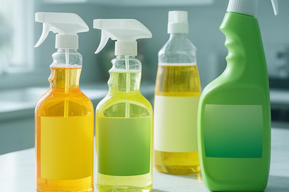 Limpiadores multiuso ecológicos con aroma cítrico junto a un limpiador de pisos en botellas reutilizables sobre una cocina luminosa