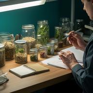 Técnico de taller registrando fórmulas en un cuaderno junto a insumos naturales y frascos etiquetados