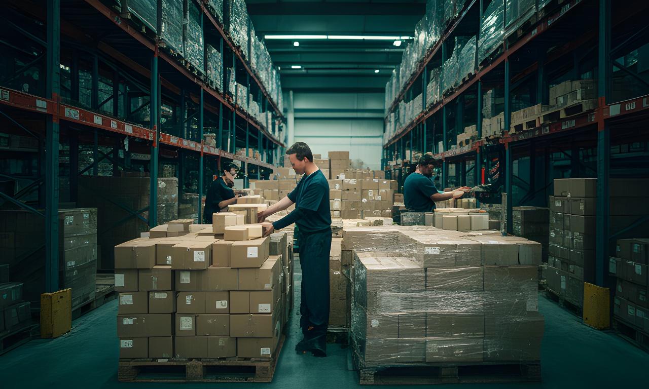 Operarios preparando cajas de jabones artesanales en un depósito ordenado con estanterías y palets
