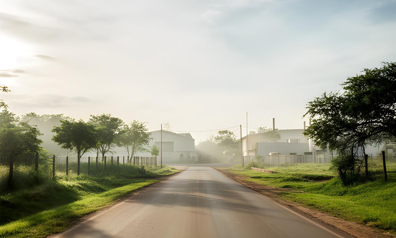 Acceso a la Ruta Nacional 12 con paisaje de Corrientes y una fábrica de jabones al costado del camino