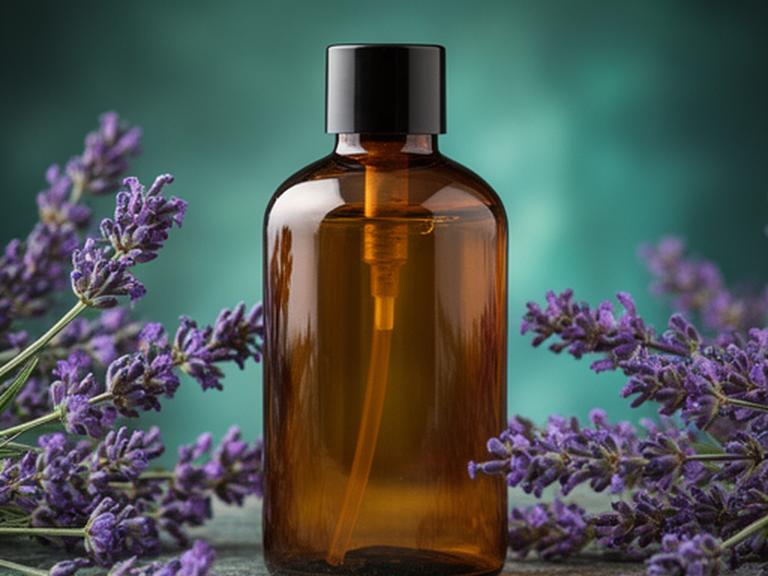 Jabón líquido de lavanda en envase ámbar sobre superficie texturada con ramas violetas alrededor