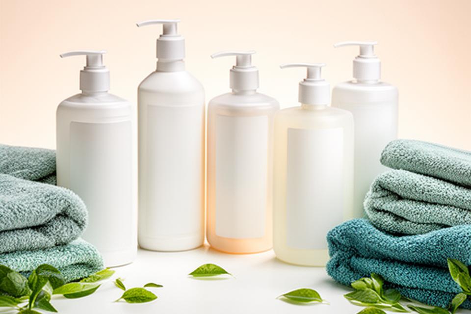 Envases de jabones líquidos para manos y cuerpo alineados en una superficie clara con toallas y hojas verdes