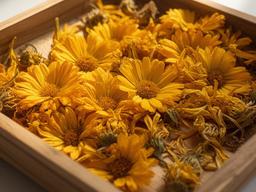 Flores de caléndula secas en bandeja de madera sobre una mesa iluminada