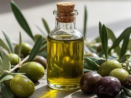 Botella de aceite de oliva junto a aceitunas y hojas verdes sobre mesa de taller