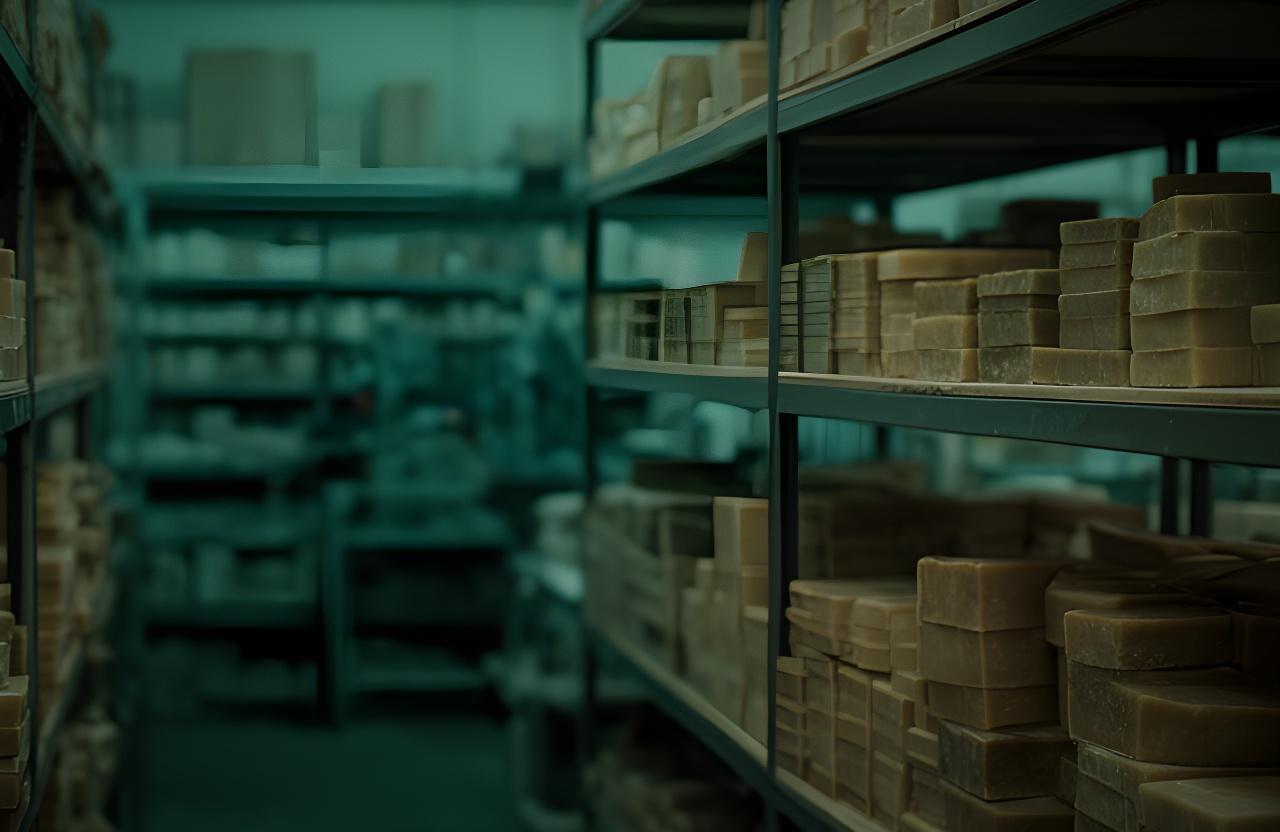 Planta de fabricación de jabón artesanal con estanterías ordenadas, luz tenue y ambiente de control documental