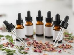 Frascos de aceites esenciales con gotero y pétalos secos en una mesa de taller