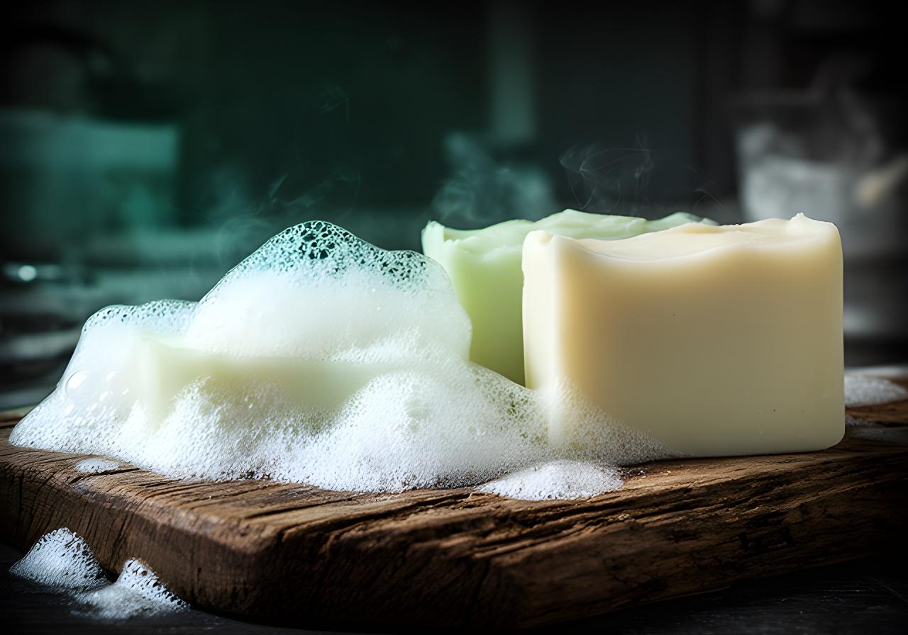 Jabones artesanales sobre una tabla de madera con espuma natural y luz suave de taller correntino