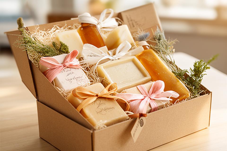 Kits de regalo con jabones artesanales, cintas y etiquetas sostenibles presentados en una caja elegante sobre mesa de madera clara